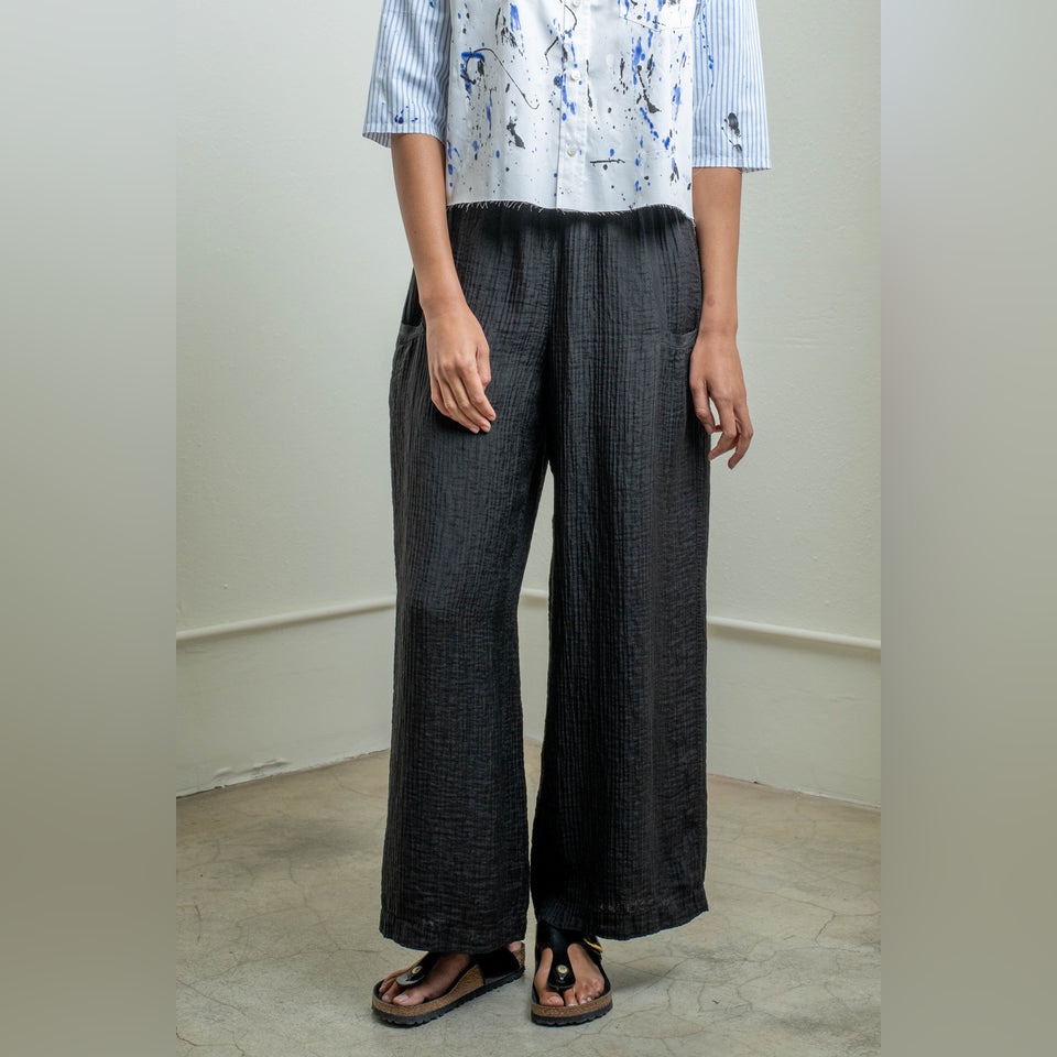 Raquel Allegra Black Textured Rayon/Cotton/Linen Blend Wide Leg Pants Women’s L